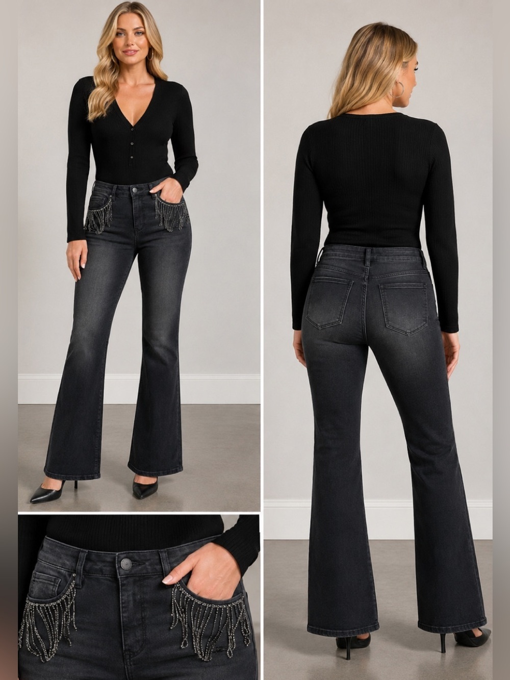 RFM Royalty For Me black rhinestone fringe pocket trim boot cut denim jeans NWT